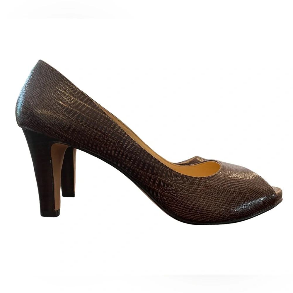 Cole Haan Peep Toe Heel Brown Textured Leather - Picture 8 of 9